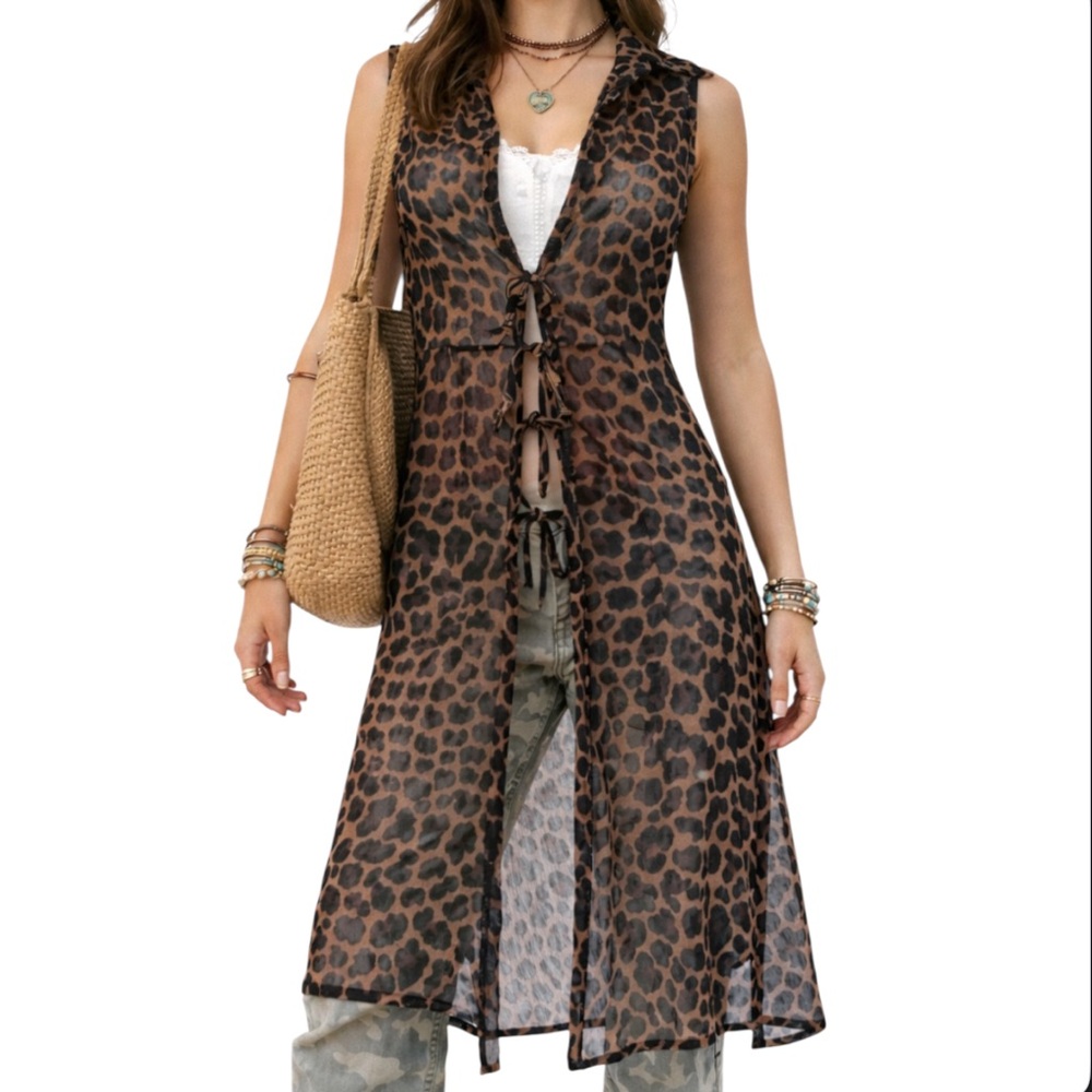 Y2K EMBER Sheer Mesh Leopard Print Midi Kimono Indie Boho Festival Layer Size S
